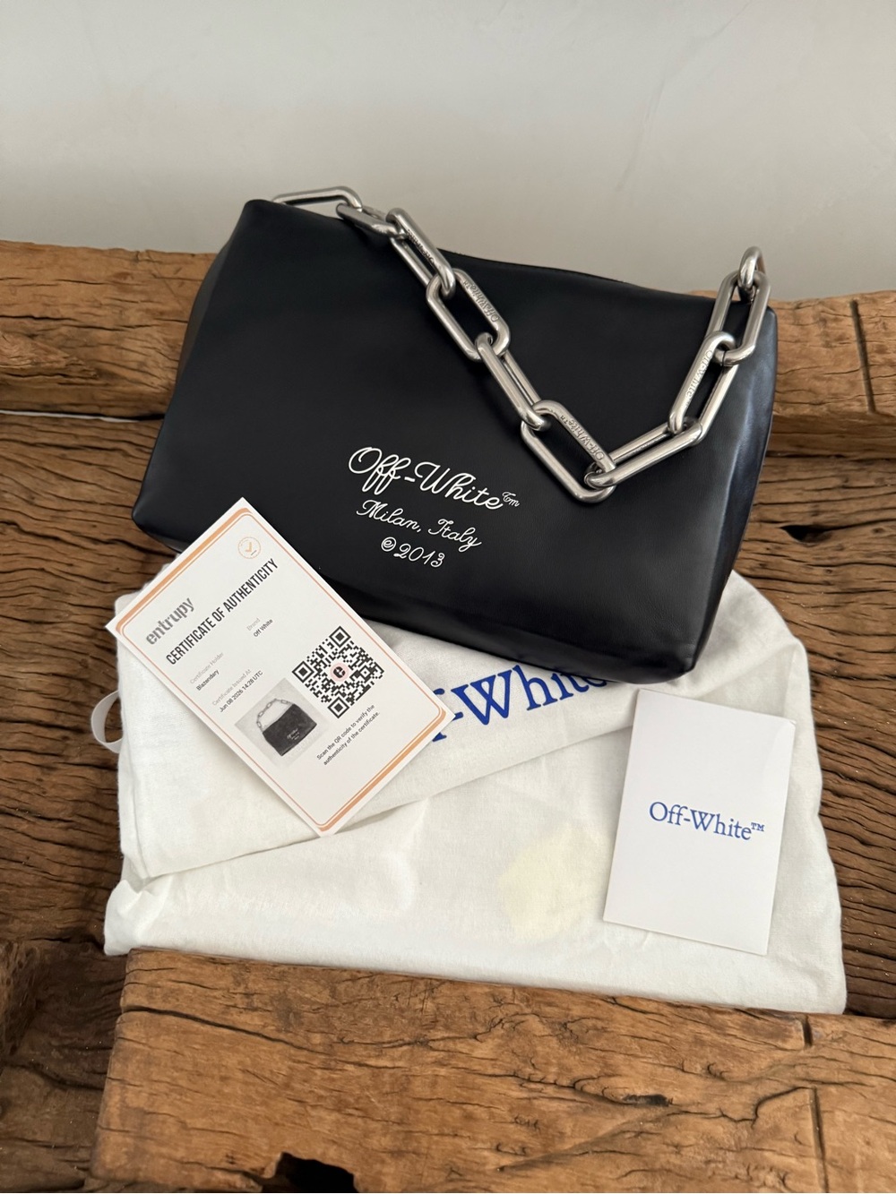 Off-White Black Leather Logo Crossbody Pouch with Chain Detail